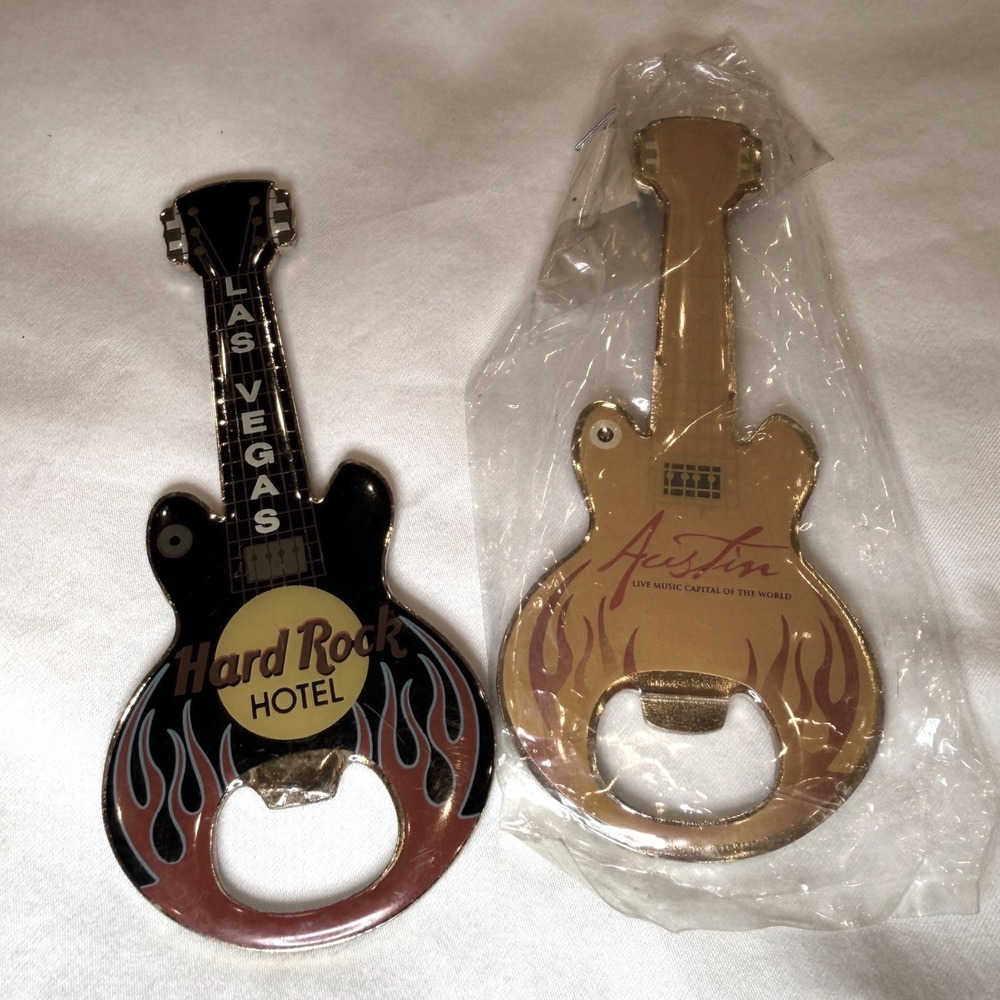 Hard Rock Hotel Las Vegas & Austin Guitar Bottle Opener Set Flame Music Souvenir